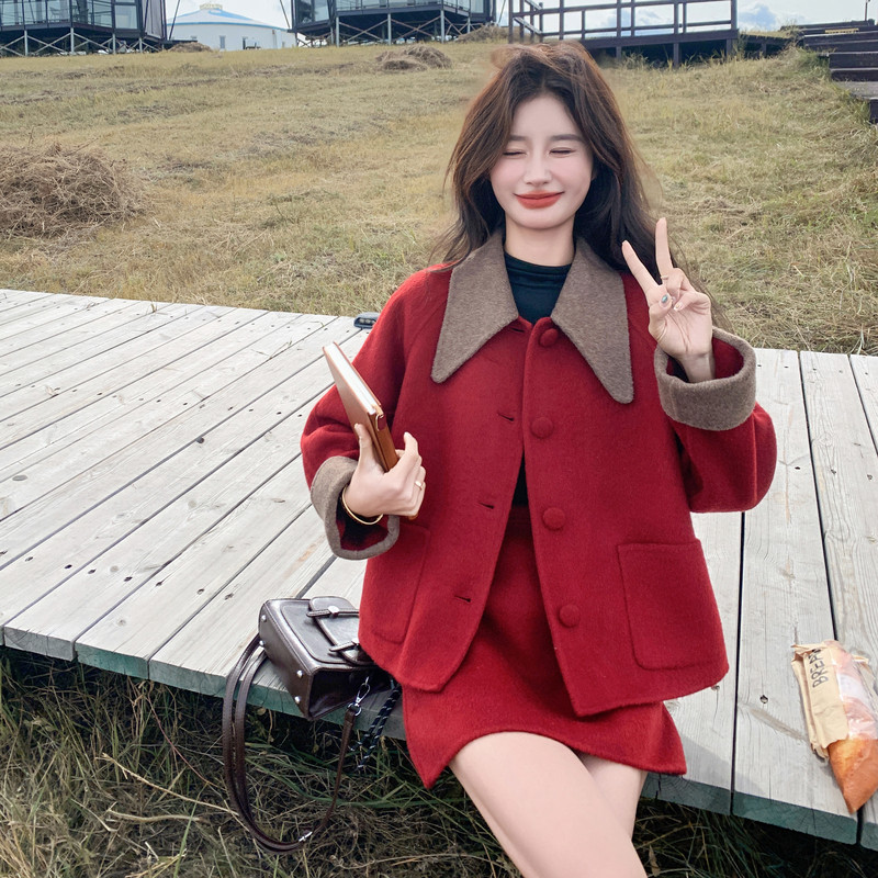 红色双面羊绒大衣两件套女秋冬一整套穿搭毛呢外套半身裙时尚套装,女装套装/套裙,2C196