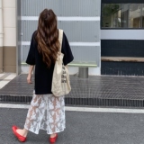 慵懒风时尚套装裙夏季2025新款日系印花宽松T恤蕾丝半身裙两件套，女装套装/套裙，2C196