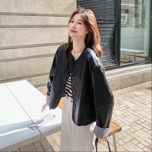 甜酷风格子拼接黑色皮衣外套女春秋2025新款甜美显瘦炸街PU夹克图片
