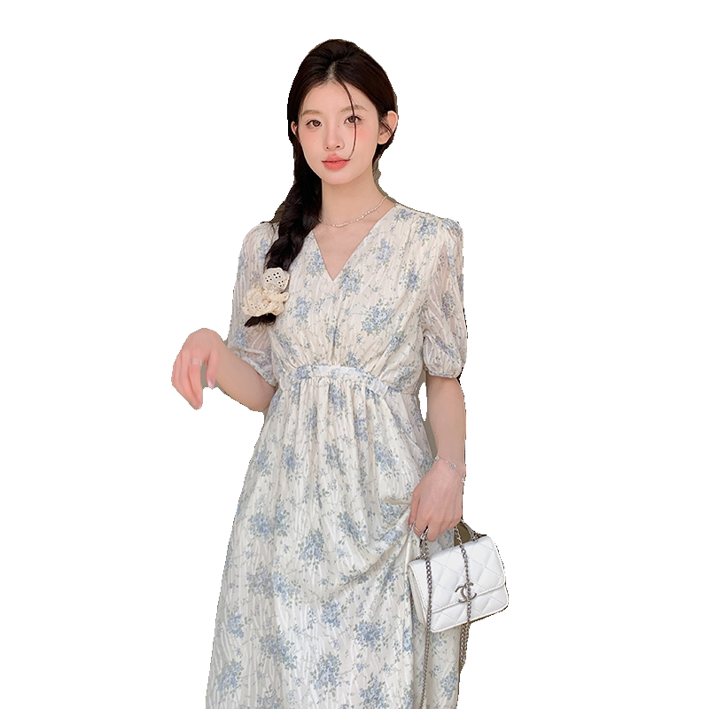 碎花法式茶歇裙小V领茶歇连衣裙辣妈甜美失序混搭风收腰长裙显瘦,女装连衣裙,2C196
