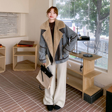 设计感PU皮拼接牛仔派克服女冬季加绒加厚皮毛一体机车羊羔毛外套，女装派克服，2C196