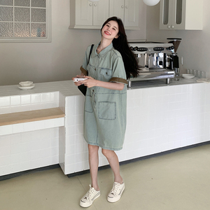 港味复古牛仔连衣裙女2025夏季新款韩系减龄小个子设计感工装裙子图片