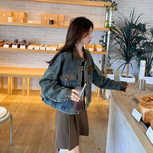 设计感pu皮拼接牛仔外套女2025春秋新款美式复古休闲百搭夹克上衣图片