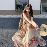 复古波西米亚度假风印花无袖长裙女夏新款赫本风气质显瘦连衣裙，女装连衣裙，2C196