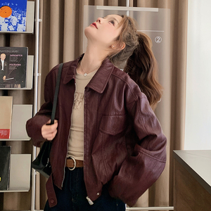 2025春季新款红皮衣短款外套女宽松复古气质机车风夹克上衣图片