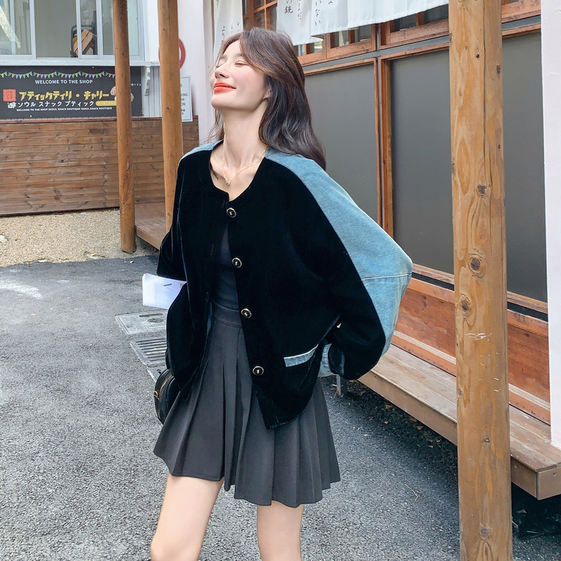 慵懒风牛仔拼接丝绒外套女2025秋季新款韩版氛围感显瘦圆领夹克潮图片