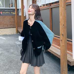慵懒风牛仔拼接丝绒外套女2025秋季新款韩版氛围感显瘦圆领夹克潮图片