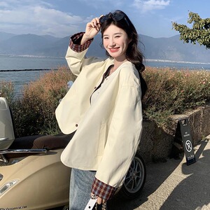 格纹直筒型圆领拉链拼接短外套短款上衣秋季学生气质春秋气质长袖图片