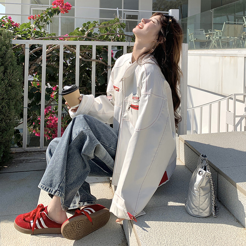 白色立领机车棒球服短外套女2025春秋季新款韩系宽松休闲夹克上衣,女装短外套,2C196