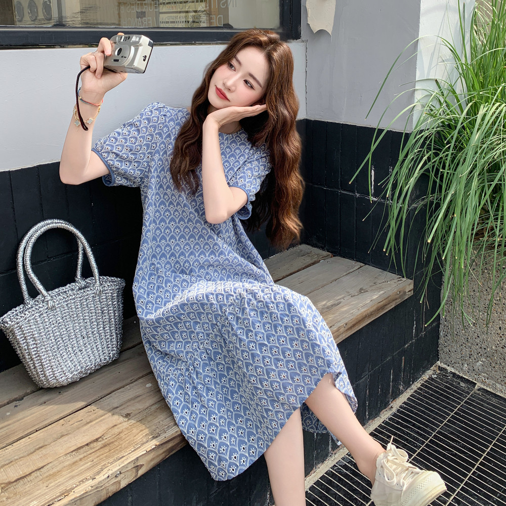 复古蓝色碎花圆领连衣裙女2025夏季新款独特别致宽松小个子a字裙,女装连衣裙,2C196