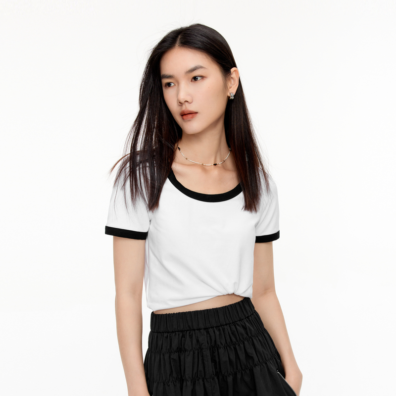 夏季黑白撞色弹力修身短袖