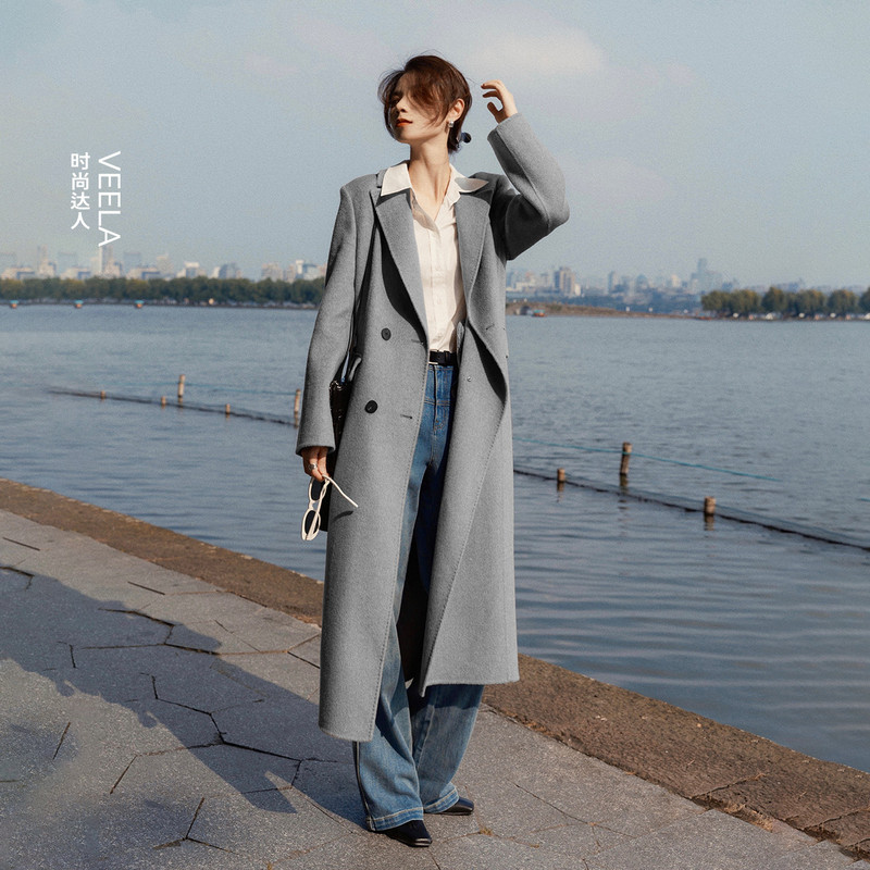 【商场同款】伊芙丽灰色气质驼绒真丝羊毛大衣外套冬季1EA270231