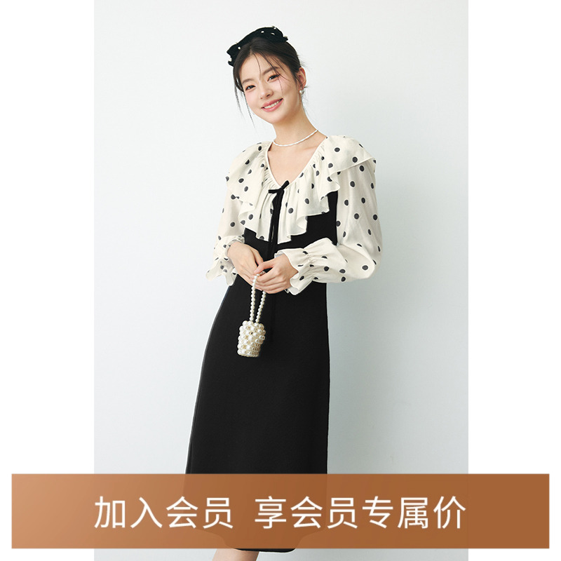 诗凡黎假两件波点荷叶领连衣裙2024年秋新款法式名媛中长小黑裙女