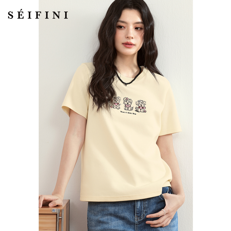 诗凡黎米色狗狗绣花T恤2025年春新款设计感百搭显瘦宽松短袖上衣