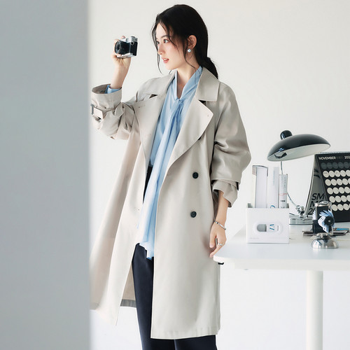 伊芙丽经典显瘦双排扣小个子中长款浅茶色风衣女外套2025春季新款