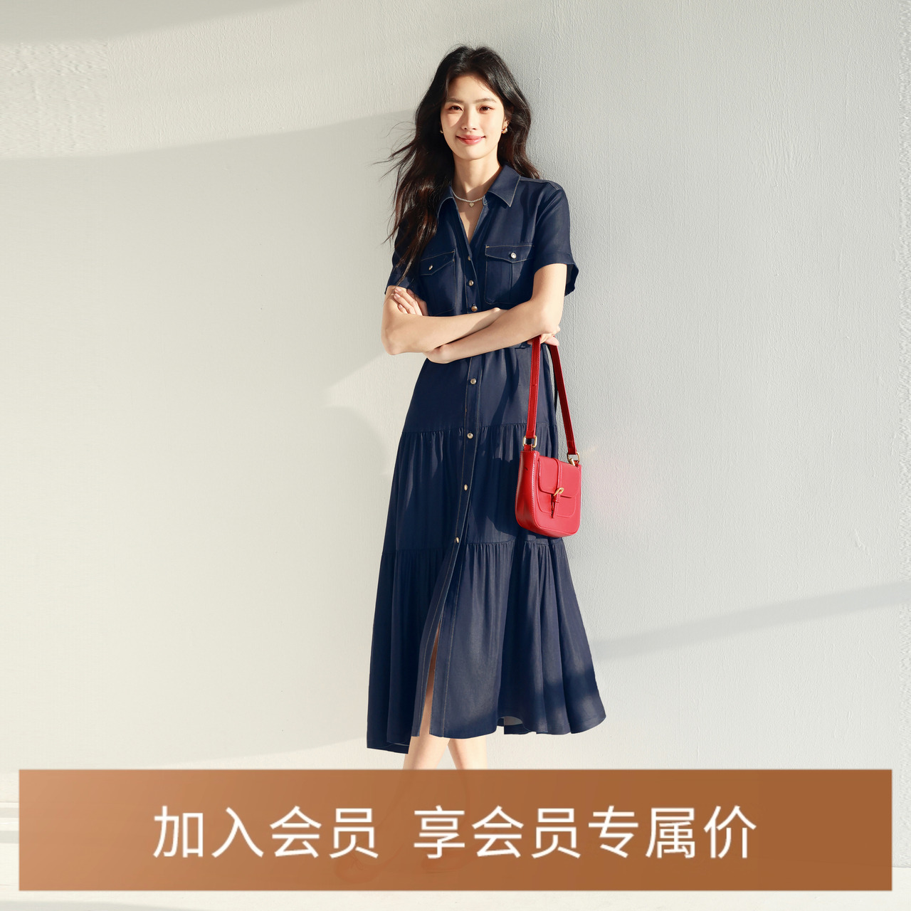 伊芙丽天丝轻薄柔软A摆蛋糕裙显瘦牛仔衬衫连衣裙女2025夏季新款