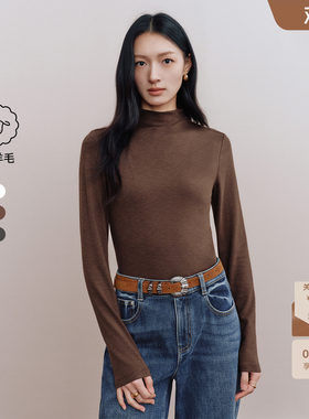 秦岚代言伊芙丽莫代尔棉羊毛混纺百搭休闲打底T恤26冬季新款上衣