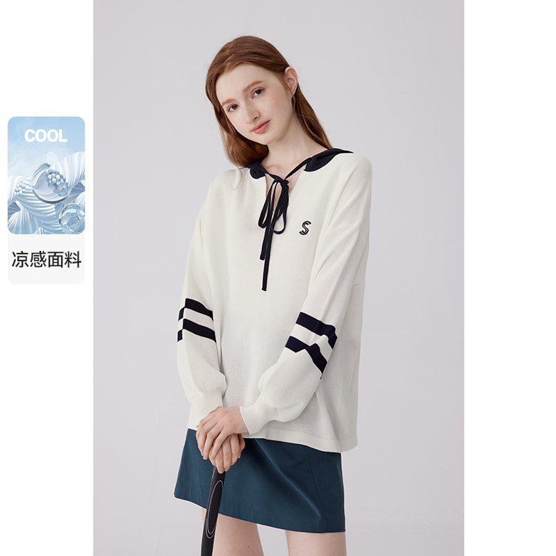 诗凡黎针织衫2024春季品洋气减龄宽松连帽撞色长袖学院风上衣女