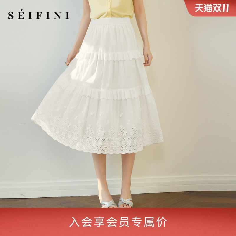 诗凡黎100棉蕾丝拼接镂空半身裙25夏新款显瘦a字中长蓬蓬蛋糕裙子