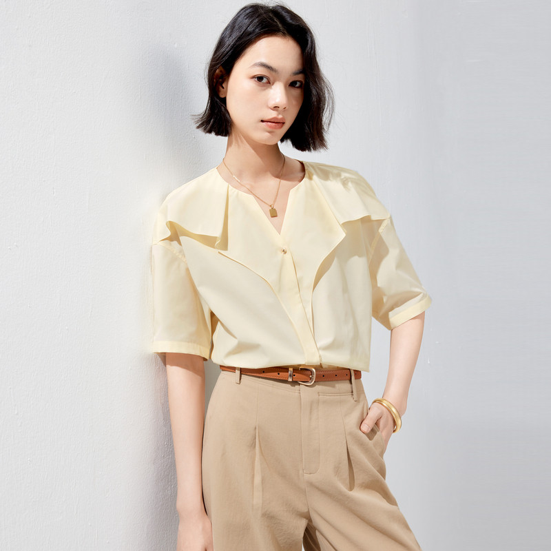 伊芙丽百搭荷叶边立领短袖衬衫女2024春装新款休闲通勤内搭小上衣