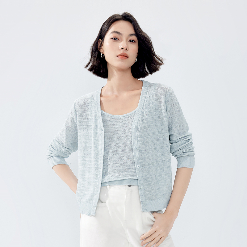 伊芙丽V领超细珠片针织开衫24新款休闲慵懒风毛衫