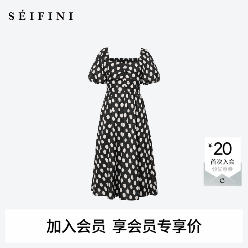 【商场同款】诗凡黎方领泡泡袖波点连衣裙2025夏新款裙3E4792081