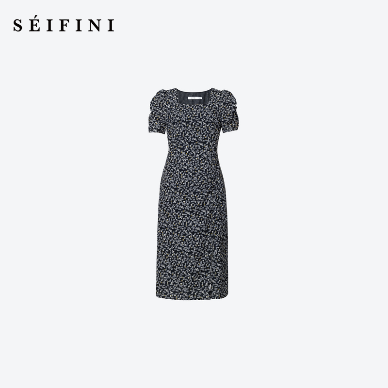 【商场同款】诗凡黎黑色碎花连衣裙2025夏新款中长裙女3E6792761