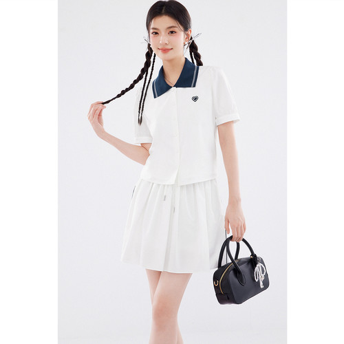 诗凡黎miu系流行学院风撞色polo领连衣裙2024夏新款莱赛尔套装女