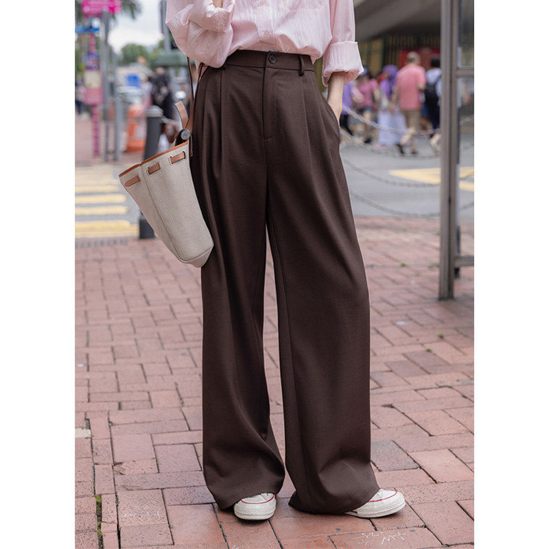 觅定棕色西装裤阔腿裤女垂感西裤高级感高腰直筒长裤休闲 黑色裤