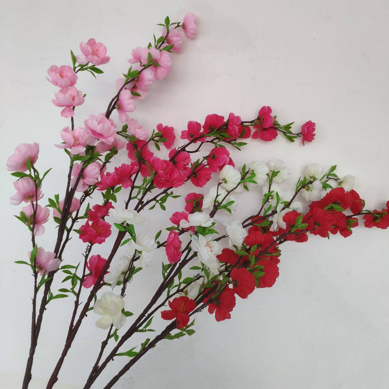 仿真桃花单支长枝带叶桃花枝工程桃花树制作景观树摆放装饰粉色