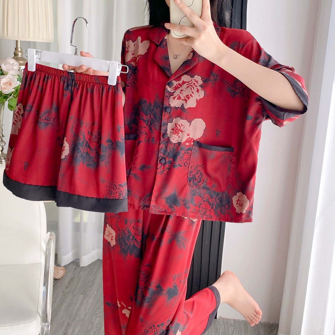 女士大码仿香云纱夏季宽松短袖睡衣套装轻奢可外穿家居服三件套
