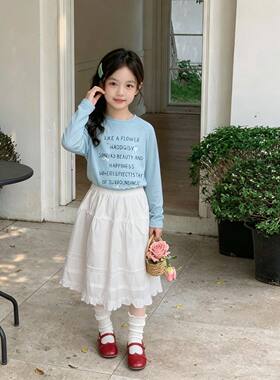 韩版女童夏季套装2026新款小女孩度假风薄款长袖T恤木耳边半身裙