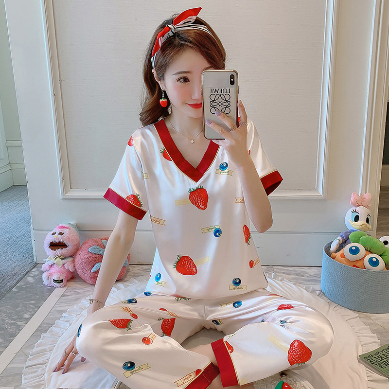 夏季睡衣女冰丝薄款短袖长裤韩版甜美可爱学生休闲清新家居服套装