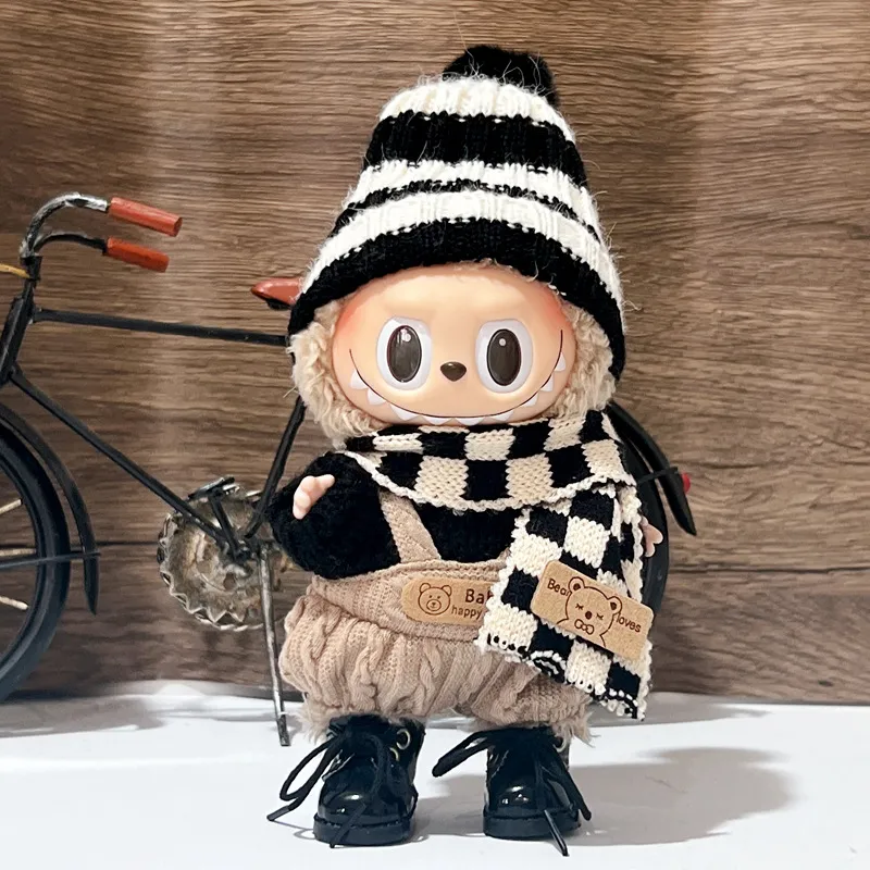 17cm一二代拉布布坐坐派对娃衣盲盒挂件搪胶公仔labubu娃衣