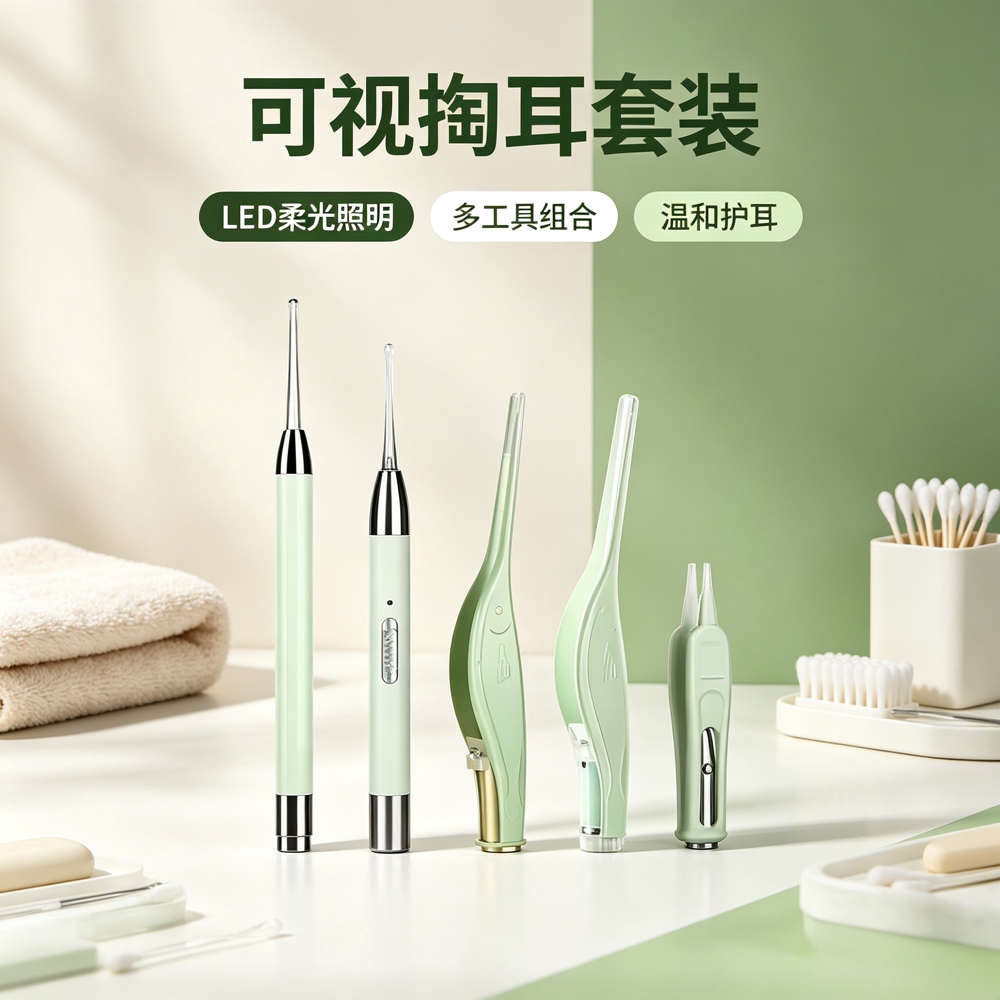 LED 发光可视掏耳套装充电挖耳勺儿童成人家用软头护耳全套
