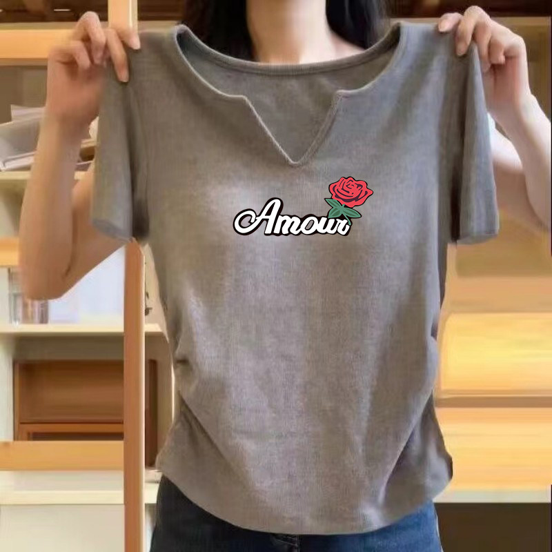 纯棉短袖V领t恤女夏季新款修身T恤