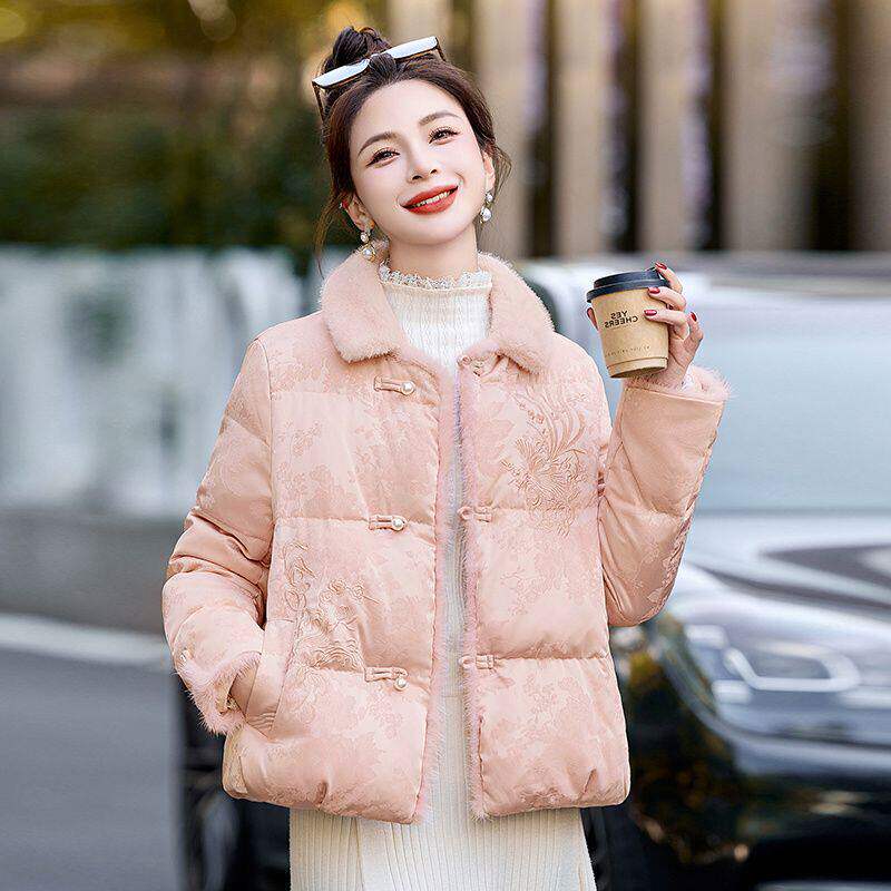 水貂毛拼接国风刺绣羽绒服女冬季新款粉色气质白鸭绒短款外套