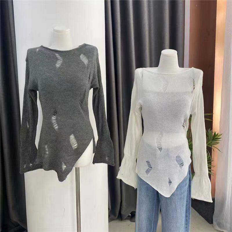 外罩衫搭灰色镂空防晒女毛衣港味针织衫风上衣慵懒设计秋季感小众