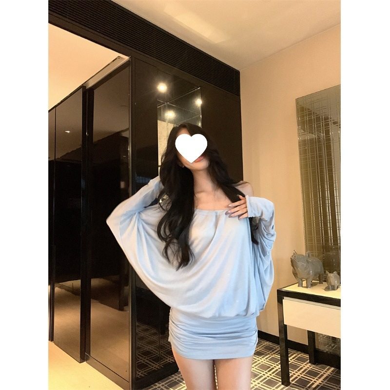 蓝色一字肩长袖连衣裙女秋季显收腰裙子蝙蝠袖纯欲辣妹包臀短裙