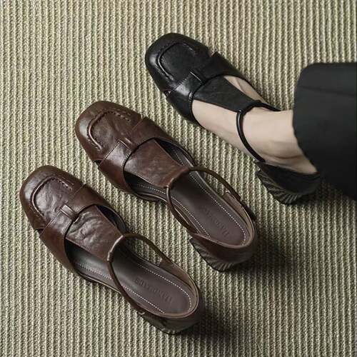 【品牌力荐】191款2026新款复古包头凉鞋女真皮粗跟T型带软底舒适