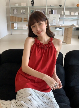 波尔多花房立体花苞领挂脖无袖背心女2025夏季新款吊带衫露肩上衣