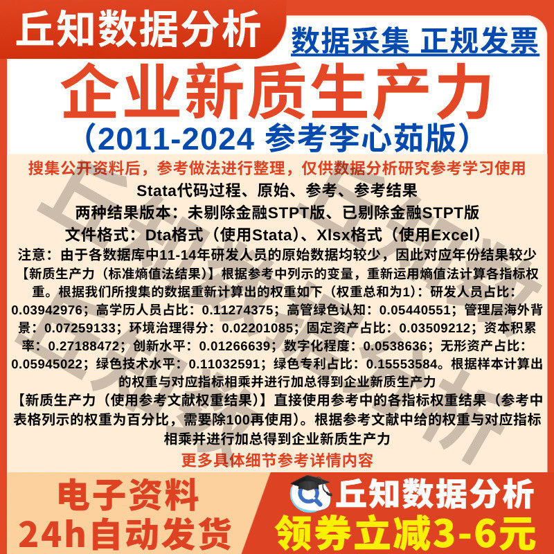 企业新质生产力2024-2011年参考李心茹版上市公司数据Stata熵值法