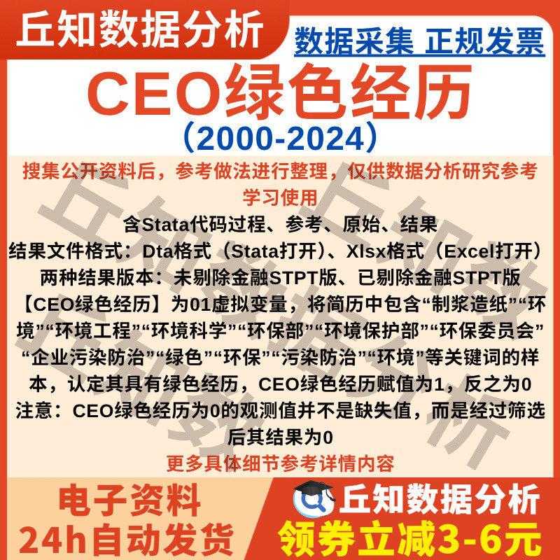CEO绿色经历2024-2000虚拟01变量上市公司数据含Stata企业Excel表