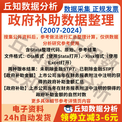 上市公司政府补助数据2024-2007Stata整理代码Excel格式含剔除版