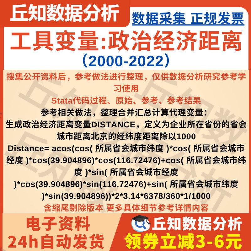 工具变量:政治经济距离Stata代码2000-2022DISTANCE地理距离剔除
