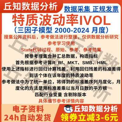 月度特质波动率 IVOL三因子模型2024-2000数据 Stata代码上市公司