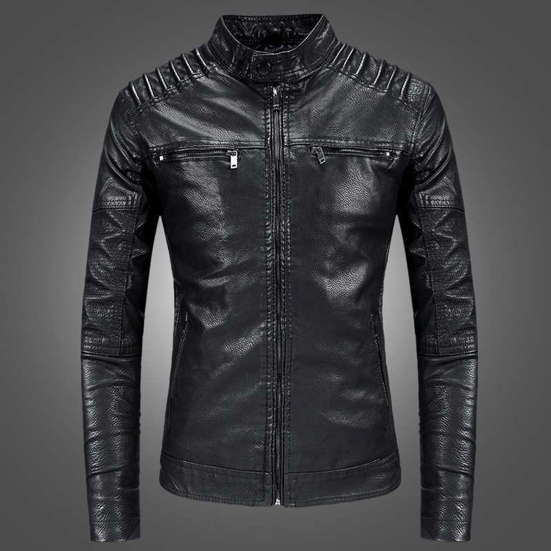 大码修身机车骑行服皮衣男潮流夹克外套男士青年帅气加绒黑色哈雷