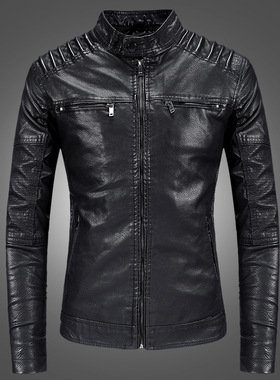 大码修身机车骑行服皮衣男潮流夹克外套男士青年帅气加绒黑色哈雷