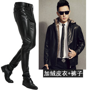 男加厚加绒一套机车冬季 套装 保暖休闲 皮衣皮裤 骑行摩托车外卖男士