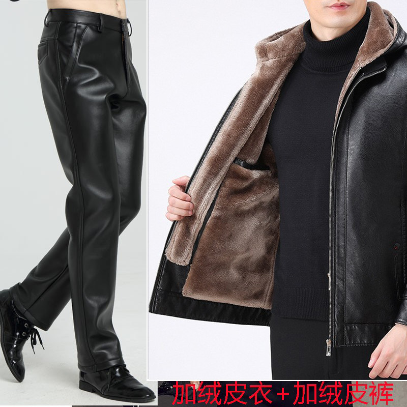 骑行机车服摩托车皮夹克男士带帽皮衣皮裤套装男加绒加厚一套冬季